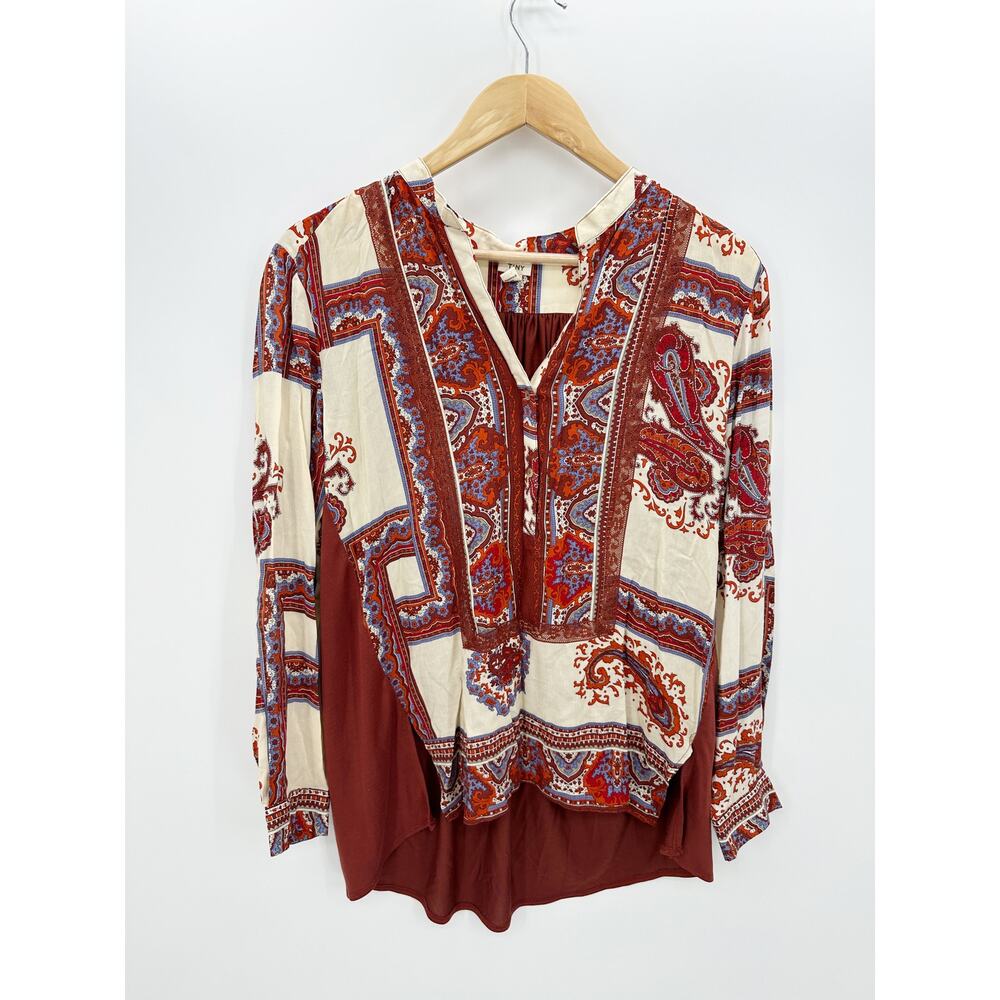 Tiny Rust Red Nahara Paisley Print‎ Blouse V-Neck High Low Top Shirt Women XS